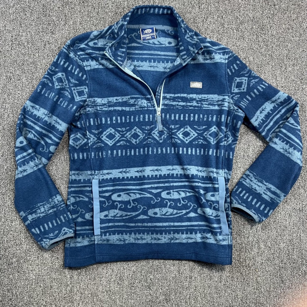 AFTCO Gorpcore Fishing Lure Tribal Print Fleece Quarter Zip Pullover Large Blue